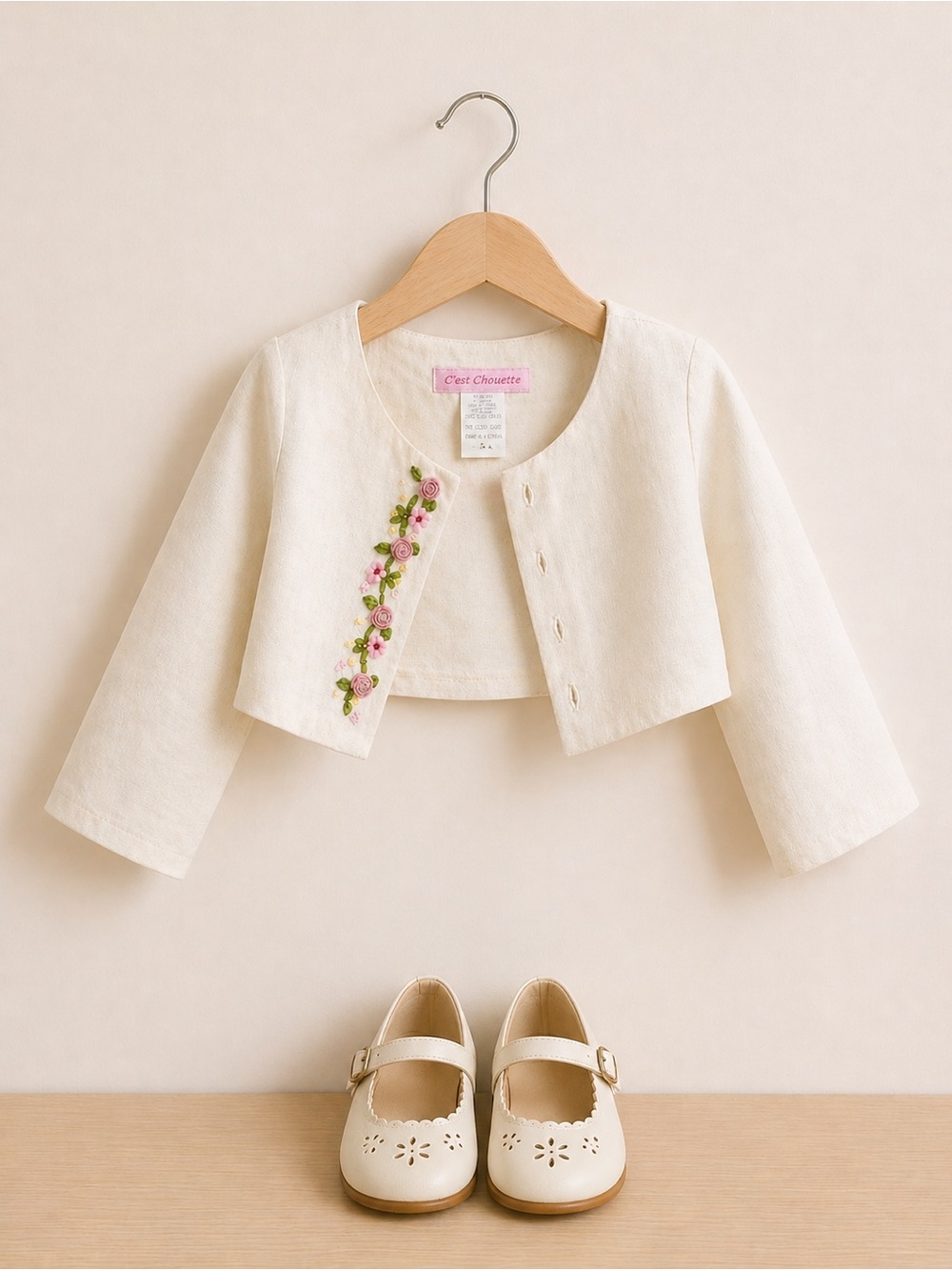 Cream Embroidered Girls' Bolero Jacket